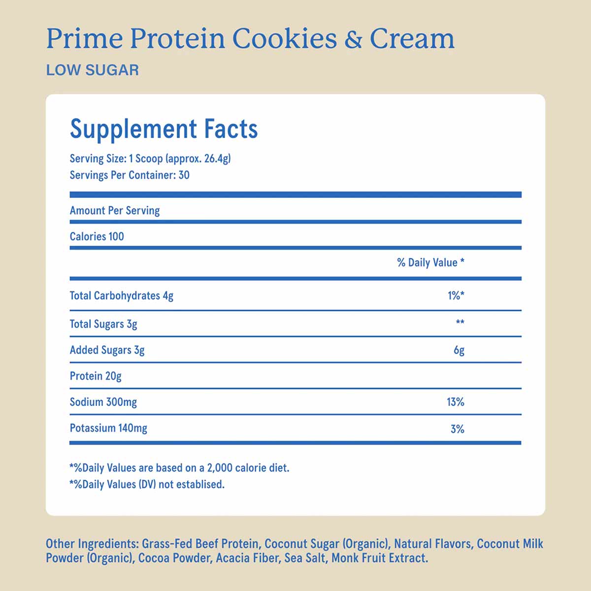 Supplement facts panel for Cookies & Cream protein powder listing 100 calories, 20g protein, 4g carbohydrates, and 30 servings per container.