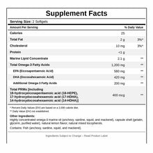 Supplement Facts label for PRM Resolve showing nutritional information including omega-3 fatty acids, EPA, DHA, and other ing