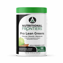White container with green lid labeled Pro Lean Greens drink mix, apple cinnamon flavor, 30 powder servings by Nutritional Fr