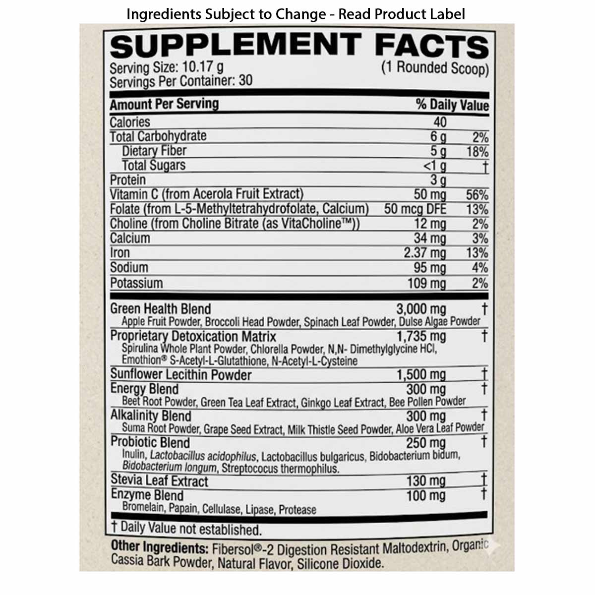 Supplement Facts label for Pro Lean Greens Drink Mix showing nutritional information, serving size, vitamins, minerals, and p