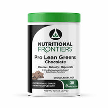White container with green lid labeled "Pro Lean Greens Chocolate" by Nutritional Frontiers, 10.9 oz powder mix with 30 servi