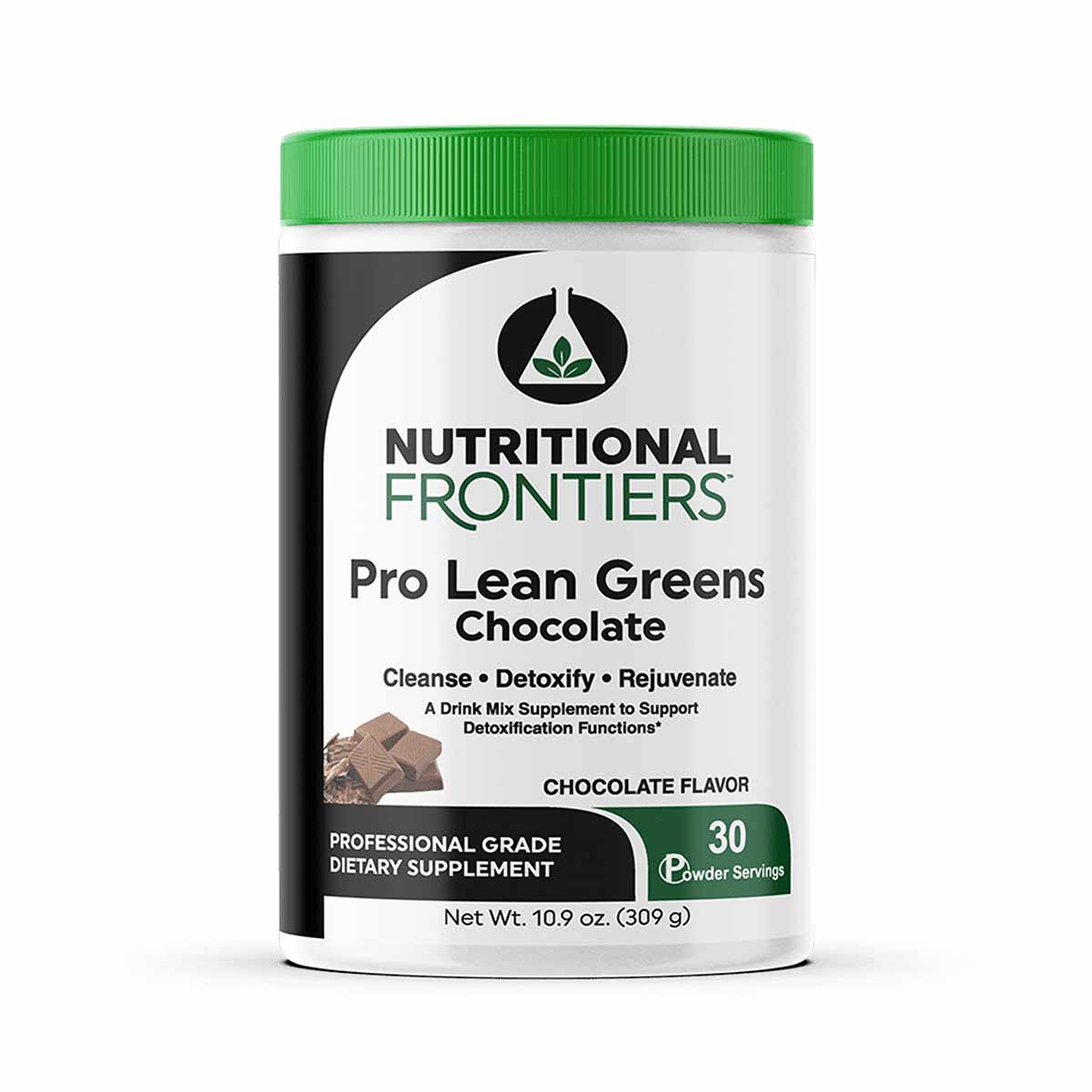 White container with green lid labeled "Pro Lean Greens Chocolate" by Nutritional Frontiers, 10.9 oz powder mix with 30 servi