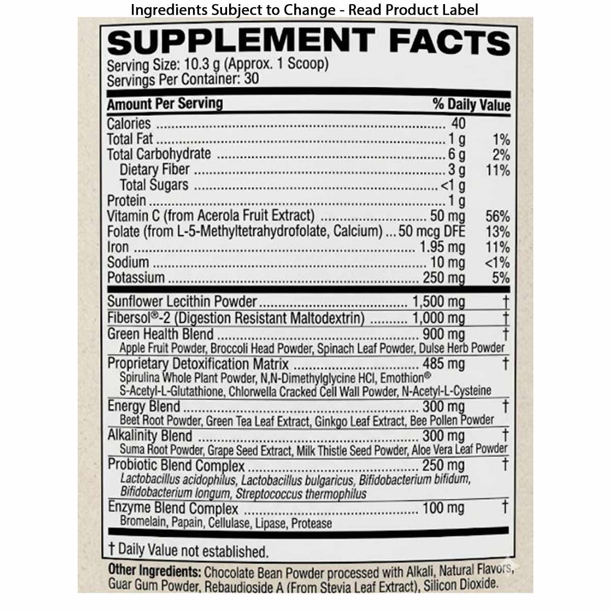 Supplement Facts label for Pro Lean Greens Drink Mix showing nutritional information, servings, and ingredient blend details.