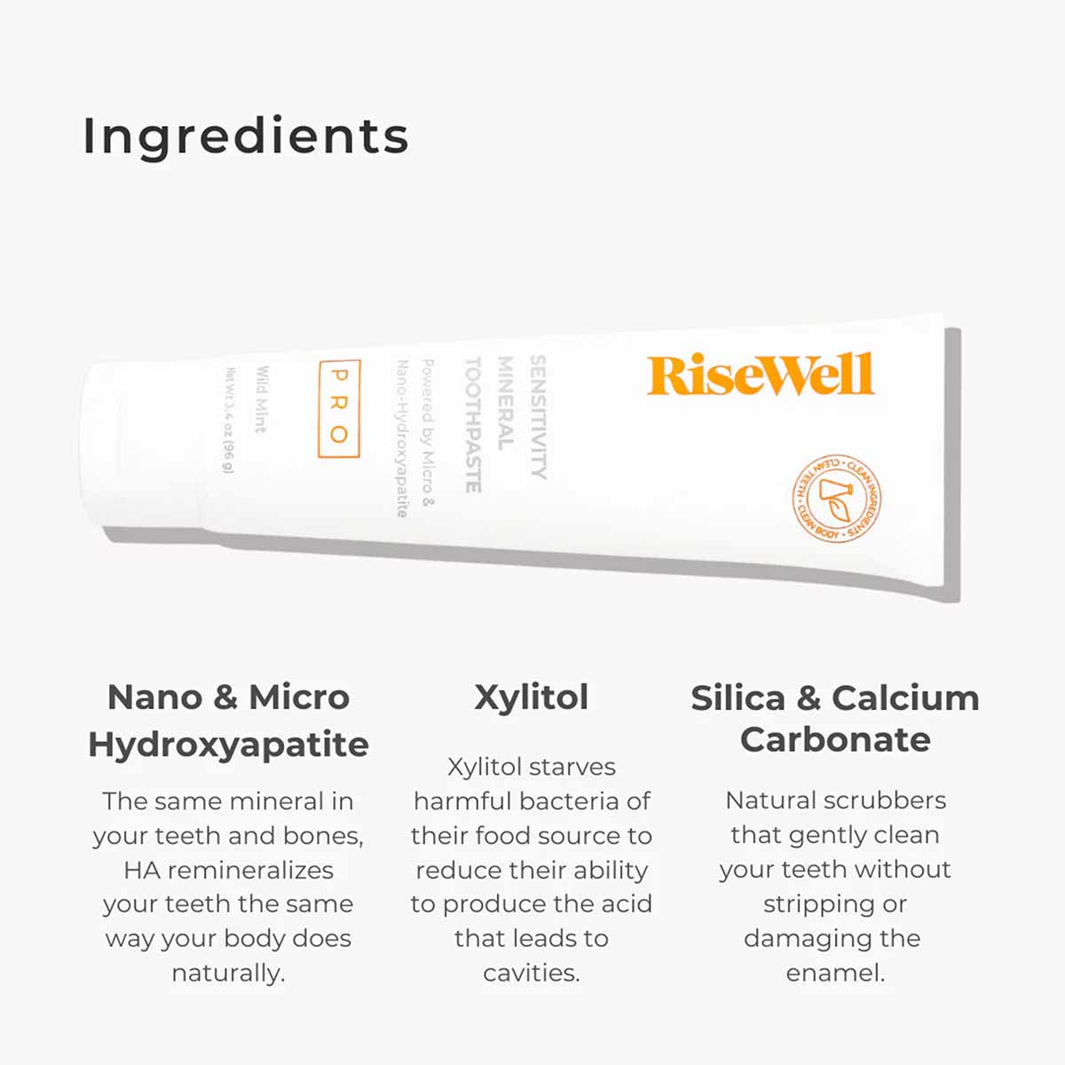 RiseWell PRO Mineral Toothpaste tube with white packaging displaying ingredients and RiseWell logo in orange.