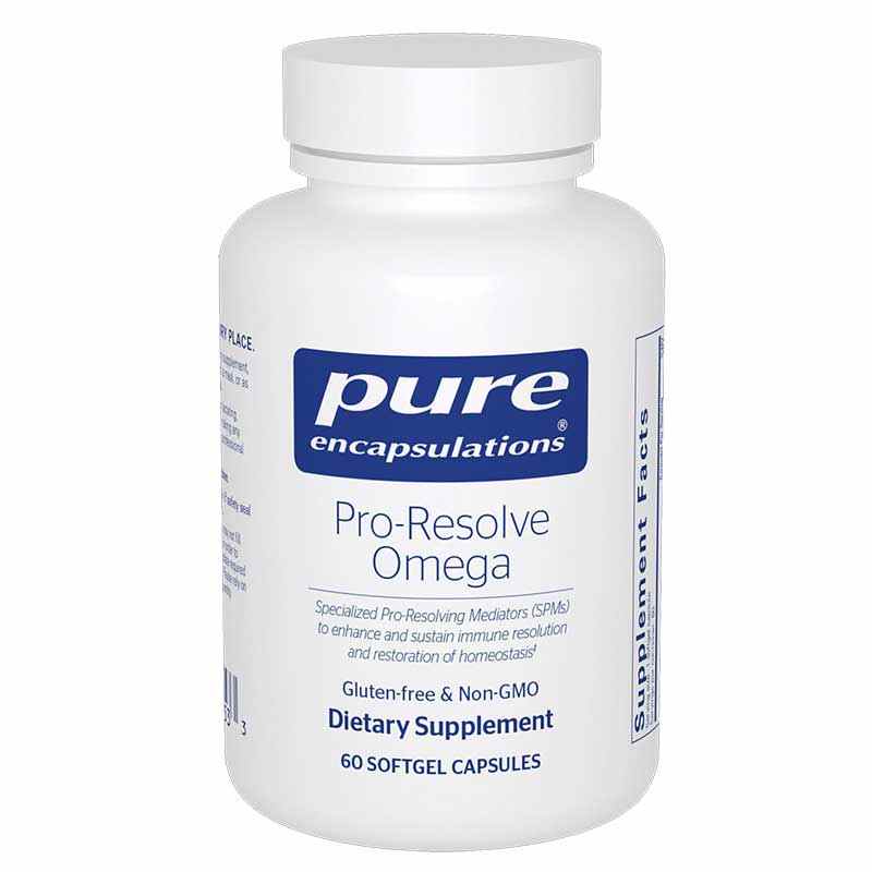 White bottle of Pure Encapsulations Pro-Resolve Omega dietary supplement containing 60 softgel capsules.