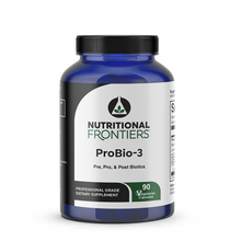 Blue glass bottle of ProBio-3 dietary supplement by Nutritional Frontiers containing 90 vegetarian capsules.