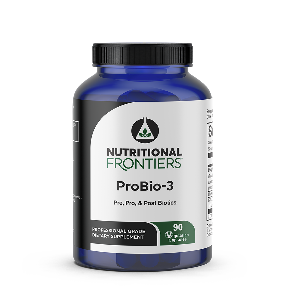Blue glass bottle of ProBio-3 dietary supplement by Nutritional Frontiers containing 90 vegetarian capsules.
