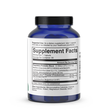 Blue supplement bottle with black cap and white label displaying supplement facts for ProBio-3 probiotic capsules.