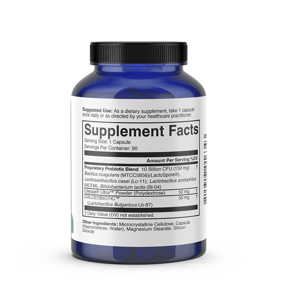 Blue supplement bottle with black cap and white label displaying supplement facts for ProBio-3 probiotic capsules.