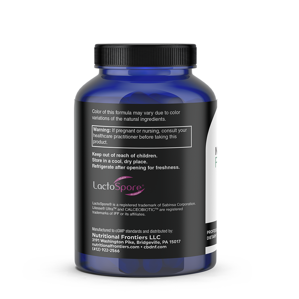 Blue supplement bottle with black cap and label containing ProBio-3 probiotic formula by Nutritional Frontiers.