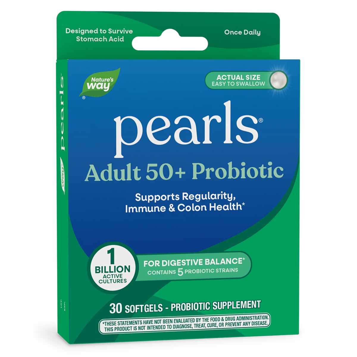Nature's Way Probiotic Pearls Adult 50+ supplement box containing 30 softgels with 1 billion active cultures.