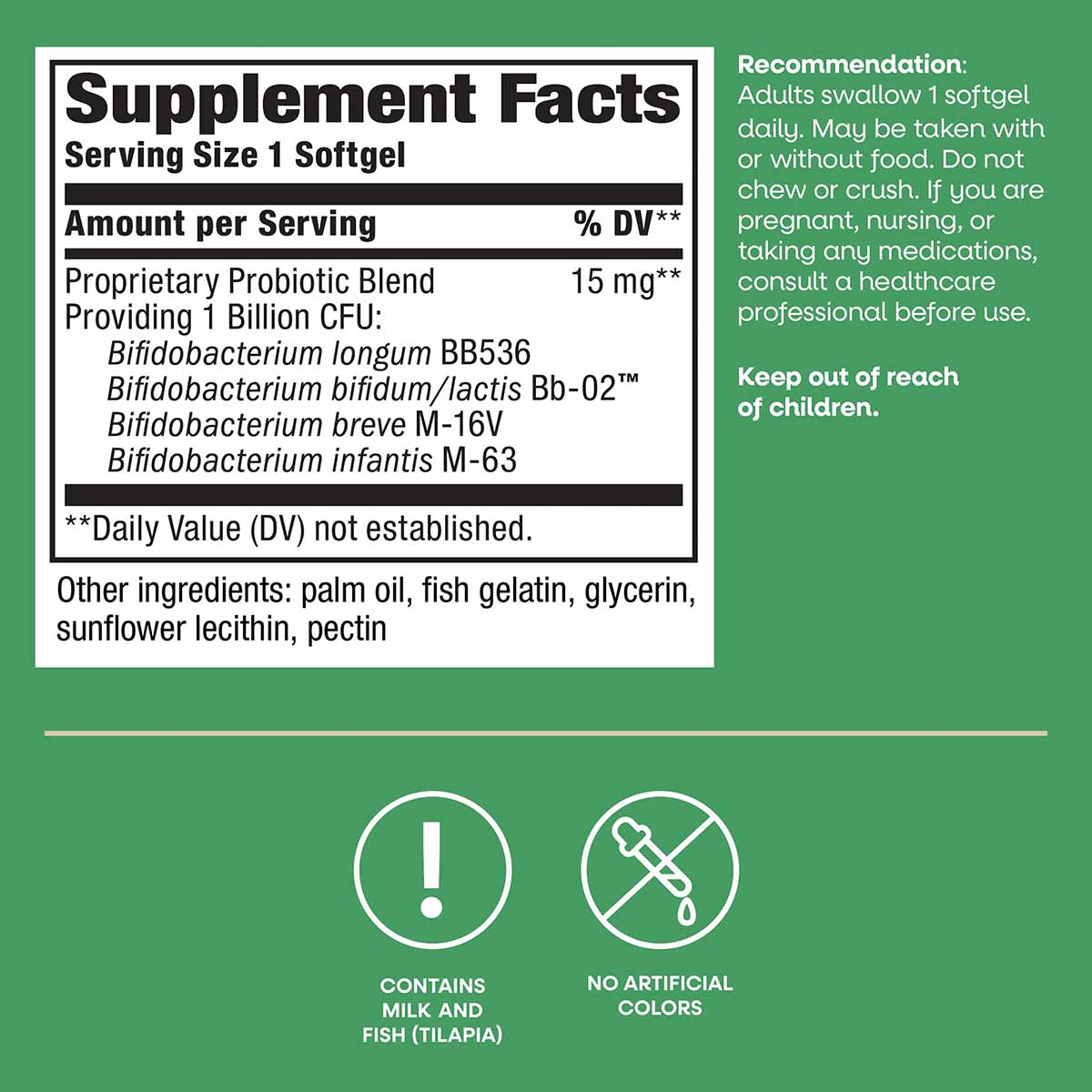 Supplement Facts label for probiotic softgel with 1 billion CFU blend, ingredients list, and usage recommendations on green b