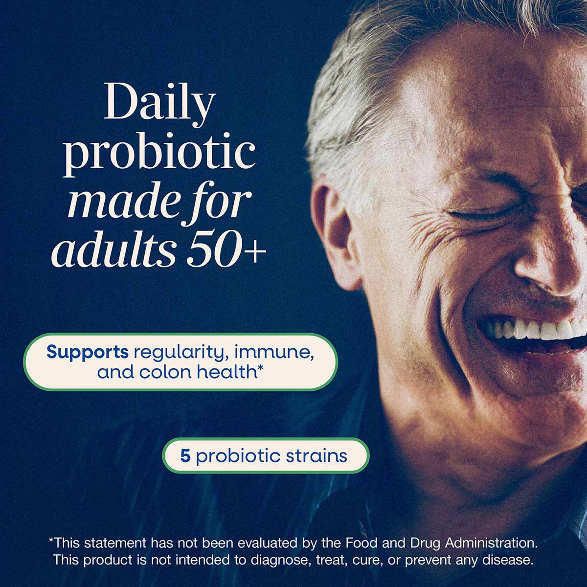 Packaging for Probiotic Pearls Adult 50+ supplement featuring text on blue background with older man smiling.