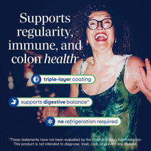 Woman wearing glasses smiling with text describing probiotic supplement benefits and triple-layer coating feature on dark blu