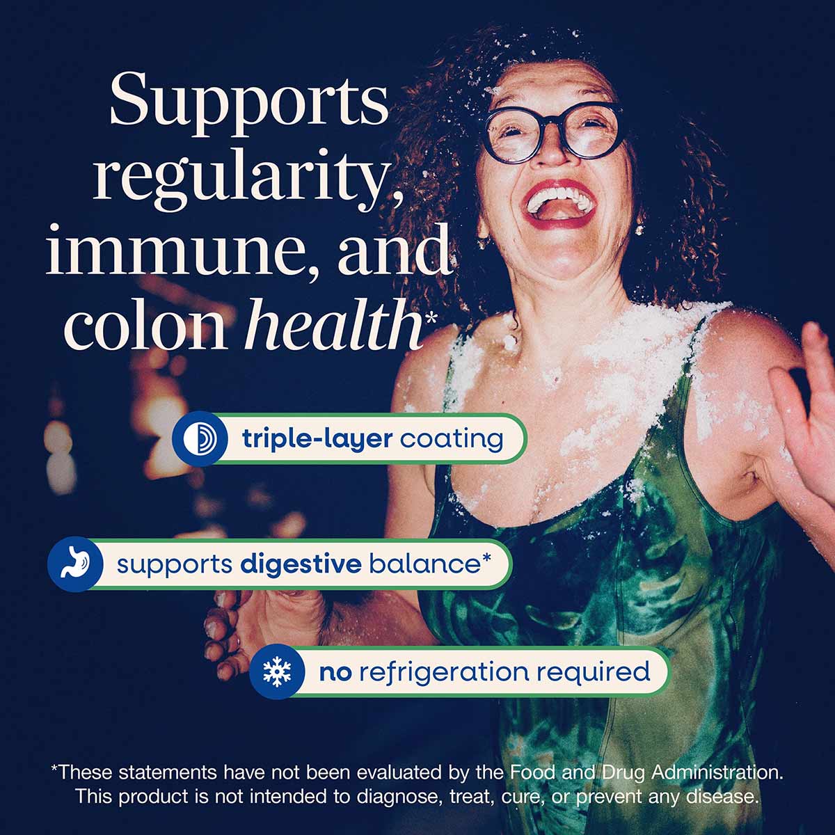 Woman wearing glasses smiling with text describing probiotic supplement benefits and triple-layer coating feature on dark blu