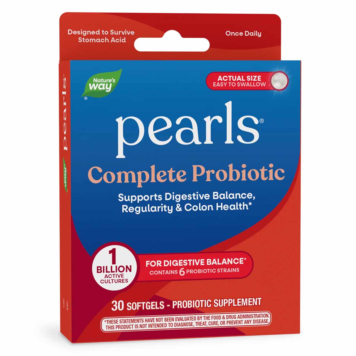 Nature's Way Probiotic Pearls Complete supplement package with red and blue design, 30 softgels.