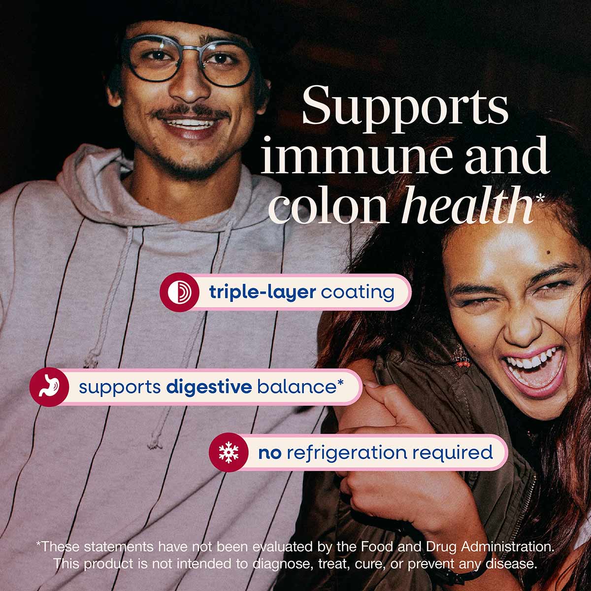Marketing banner for Probiotic Pearls Complete supplement featuring two smiling people with product benefits listed.