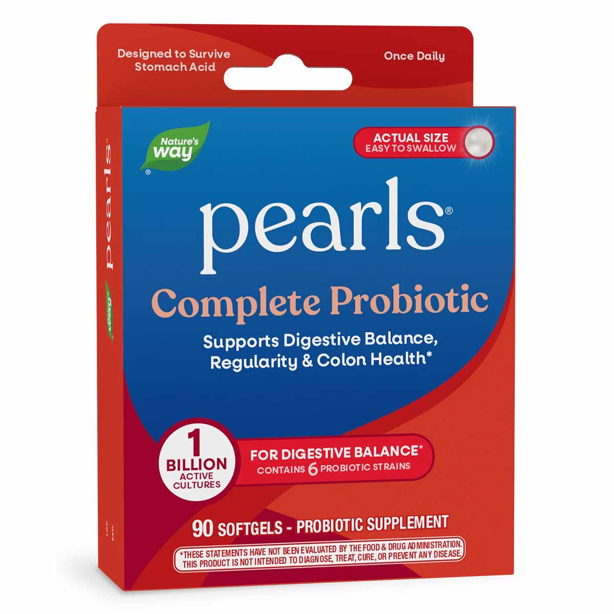 Probiotic Pearls Complete supplement package with red and blue design containing 90 softgels.