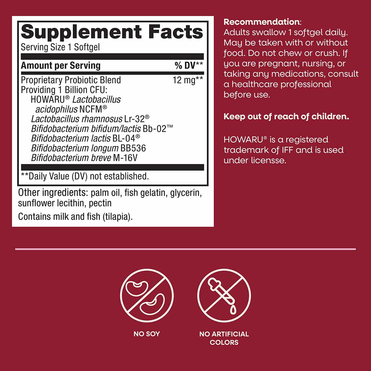 Supplement facts label for Probiotic Pearls Complete softgels with ingredient list and usage recommendations on burgundy back