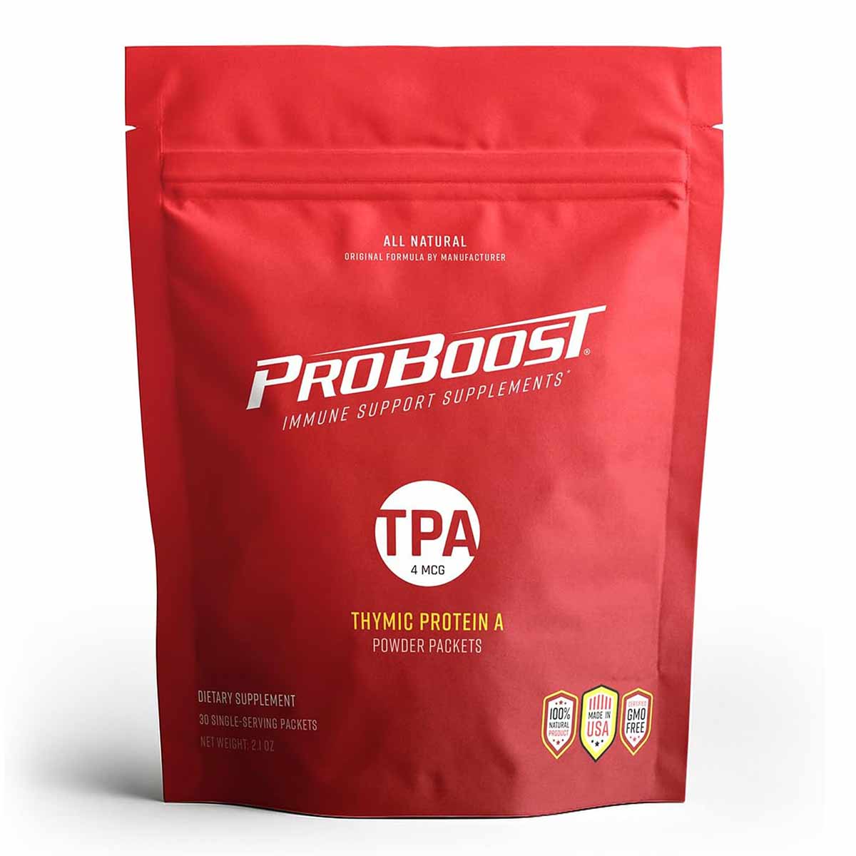 Red Proboost TPA Thymic Protein A powder packets pouch with "Immune Support Supplements" text and certification badges.