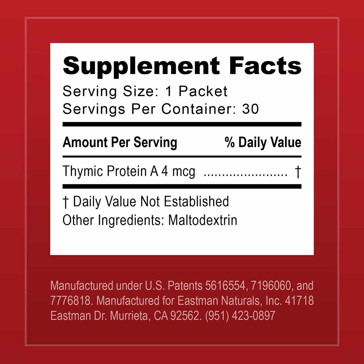 Supplement Facts label for Proboost Thymic Protein A showing 30 packets per container with 4 mcg thymic protein per serving a