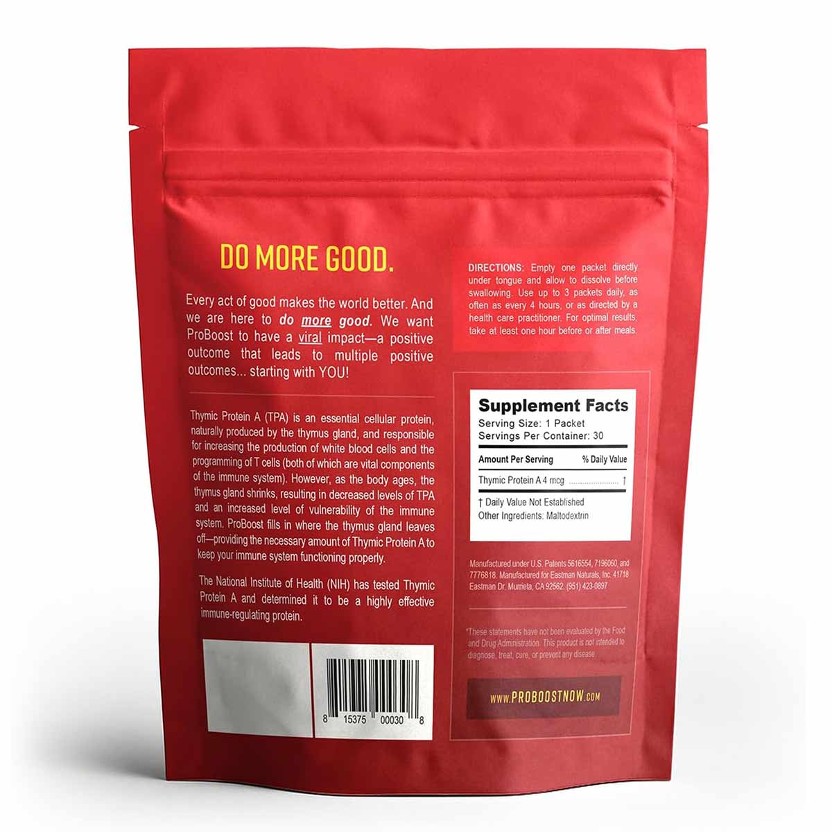 Red pouch packet of Proboost Thymic Protein A supplement with yellow text, directions, and supplement facts label.