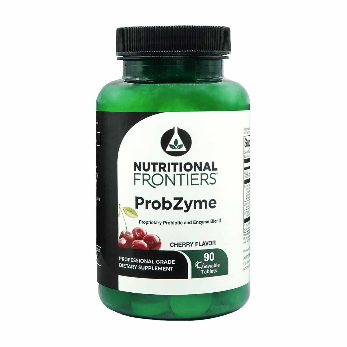 ProbZyme green bottle with black cap by Nutritional Frontiers, 90 cherry-flavored chewable tablets.