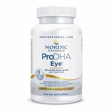 White bottle of Nordic Naturals ProDHA Eye fish oil supplement with white cap and blue and gold labeling.