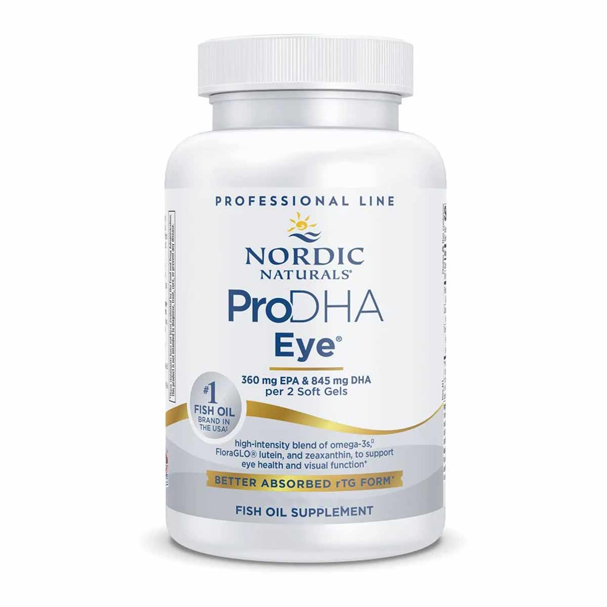 White bottle of Nordic Naturals ProDHA Eye fish oil supplement with white cap and blue and gold labeling.