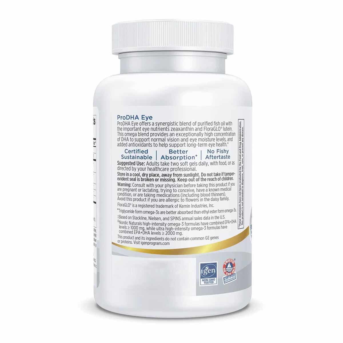 White supplement bottle labeled ProDHA Eye with white screw-on cap and gold accent band.
