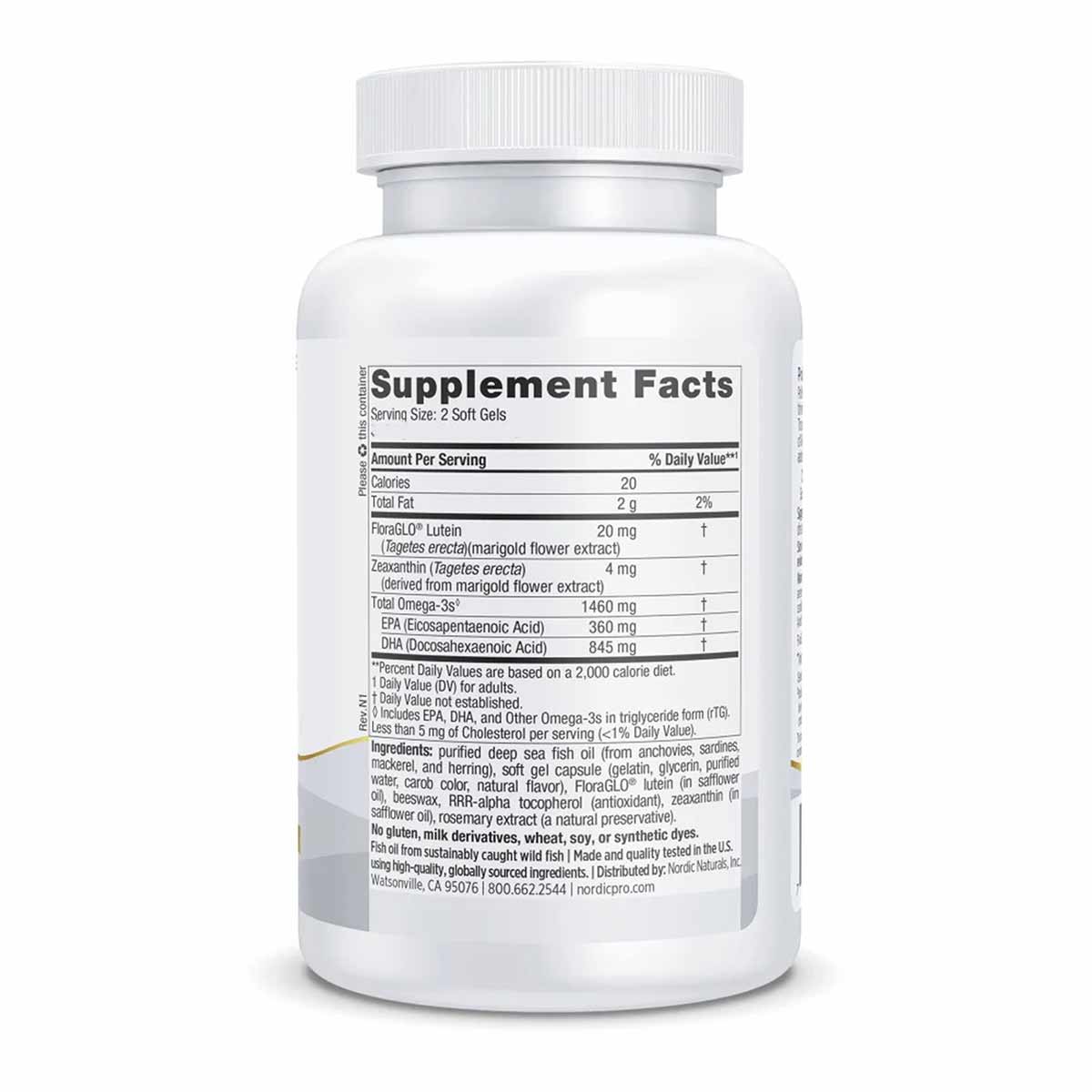 White supplement bottle with white cap displaying Supplement Facts label showing omega-3s, lutein, and zeaxanthin ingredients