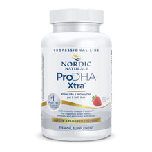White bottle of Nordic Naturals ProDHA Xtra fish oil supplement with white cap and strawberry flavor label.