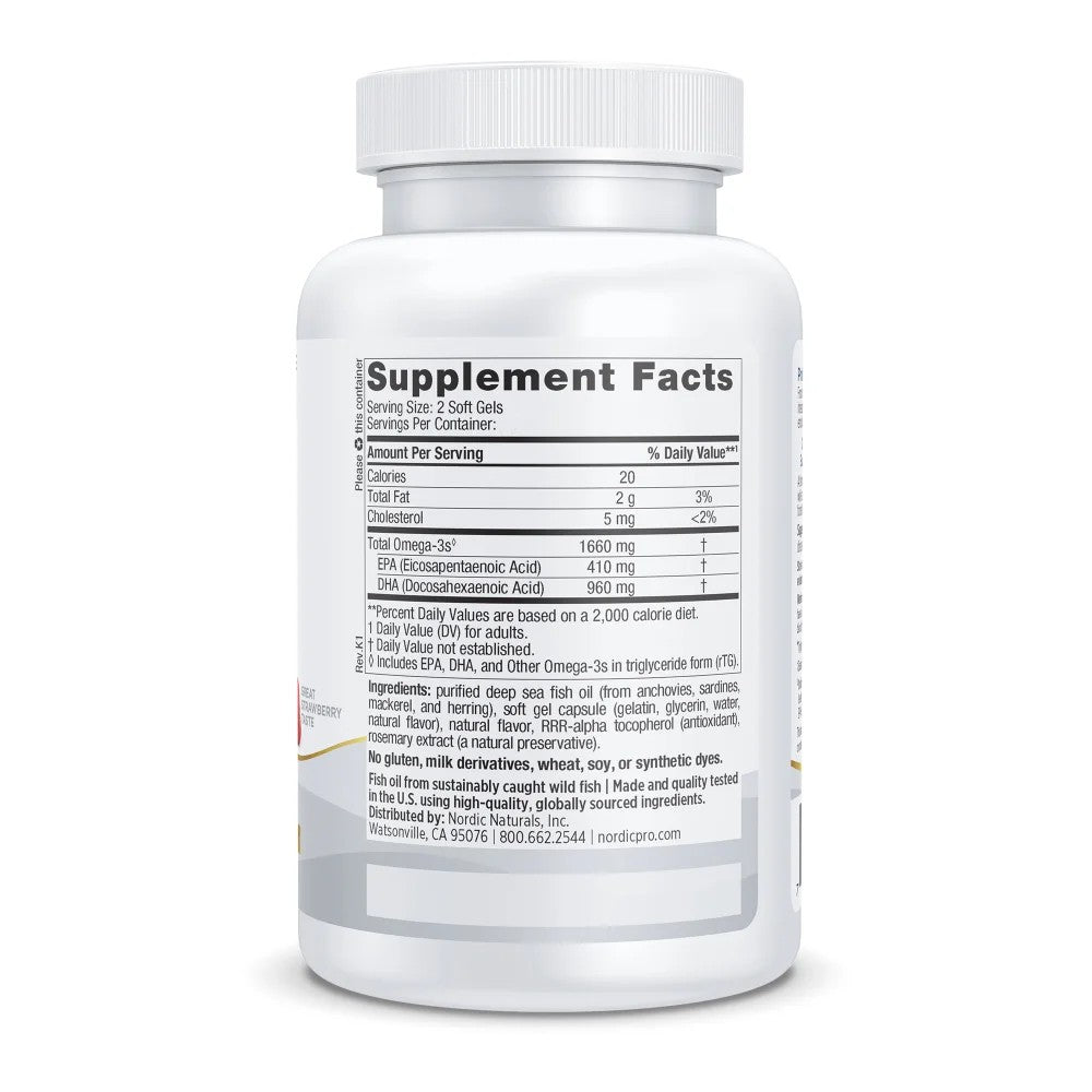 White bottle of ProDHA Xtra softgels by Nordic Naturals with supplement facts label and white screw-top cap.