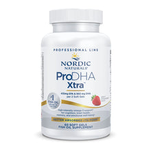 White bottle of Nordic Naturals ProDHA Xtra fish oil supplement with white cap, 60 soft gels, strawberry flavor.