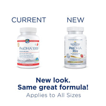 Two bottles of Nordic Naturals fish oil supplement showing current and new packaging designs side by side.