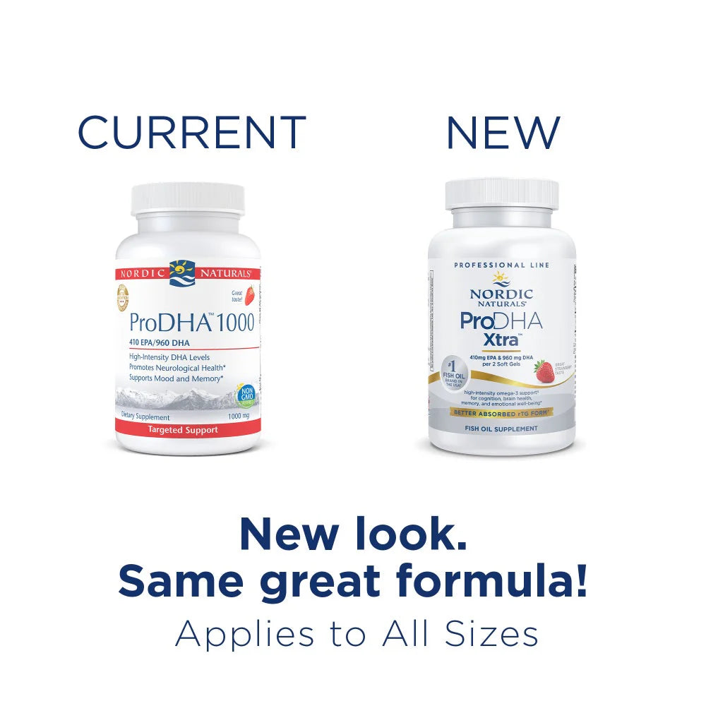 Two bottles of Nordic Naturals fish oil supplement showing current and new packaging designs side by side.
