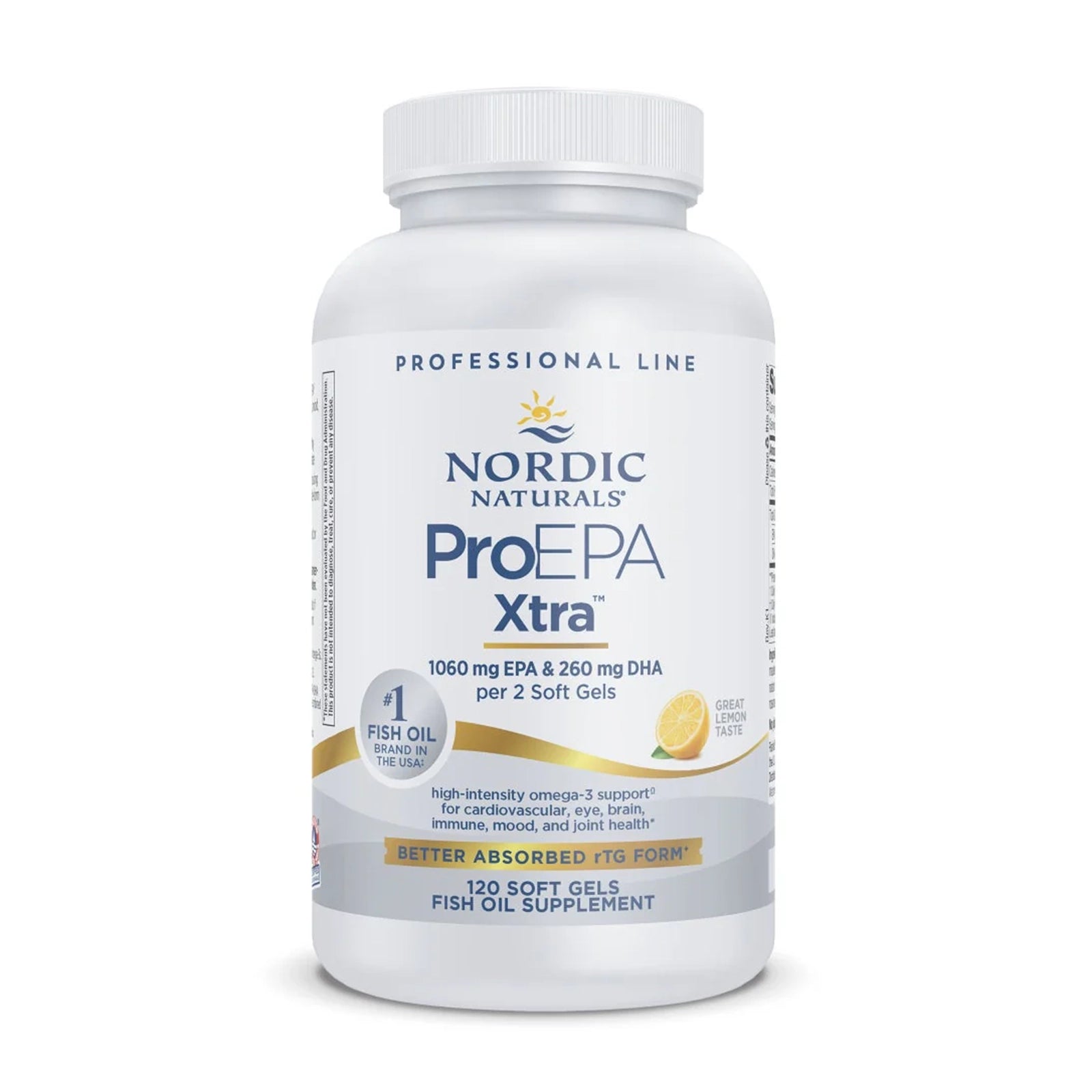 White bottle of Nordic Naturals ProEPA Xtra fish oil supplement containing 120 softgels with lemon flavor.