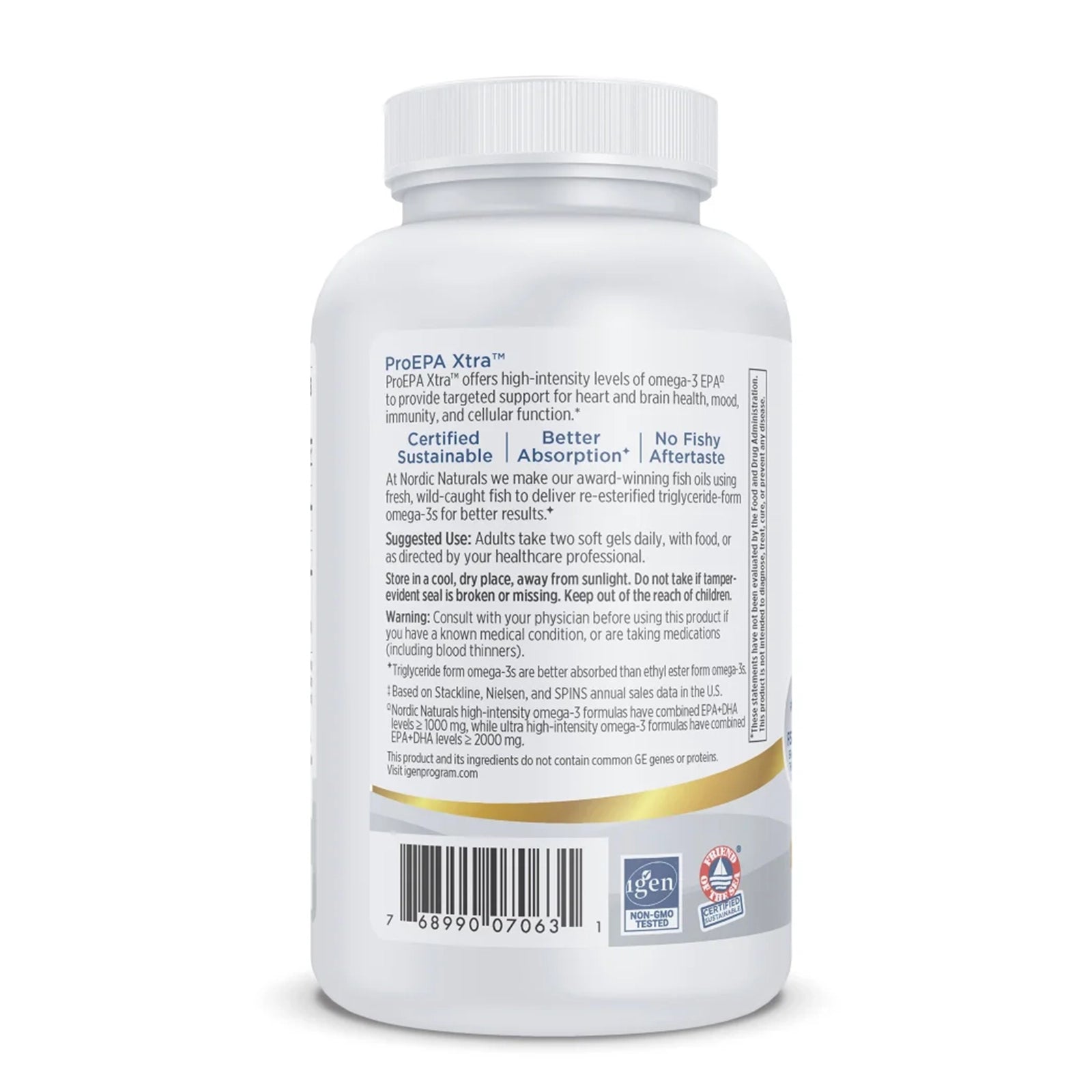 White bottle of Nordic Naturals ProEPA Xtra softgel capsules with white cap and gold band label.