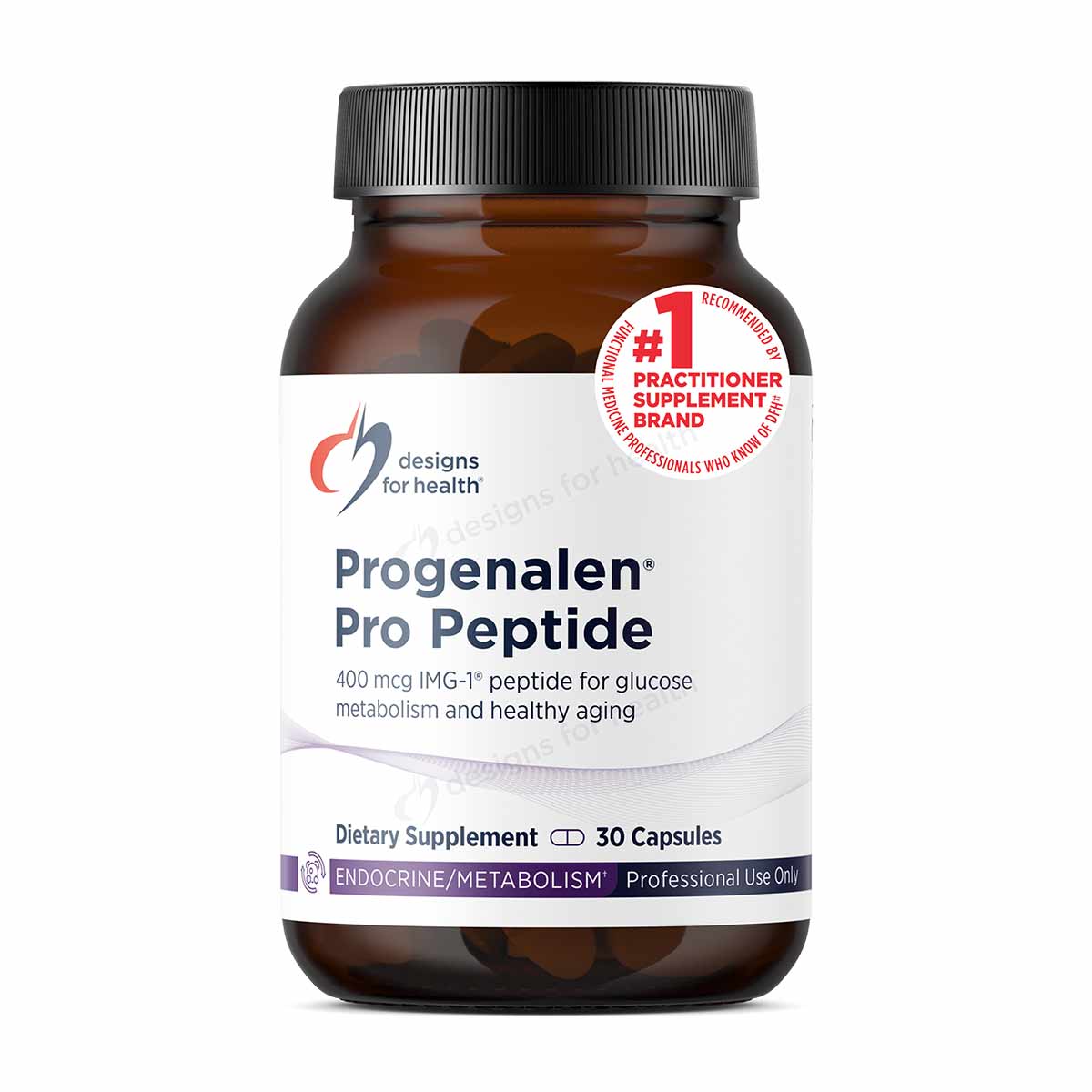 Brown glass bottle of Progenalen Pro Peptide dietary supplement by Designs For Health containing 30 capsules.