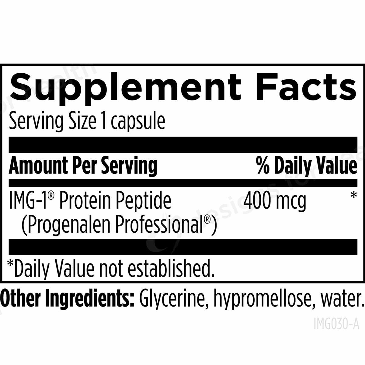 Supplement Facts label showing Progenalen Pro Peptide with 400 mcg IMG-1 Protein Peptide per capsule serving.