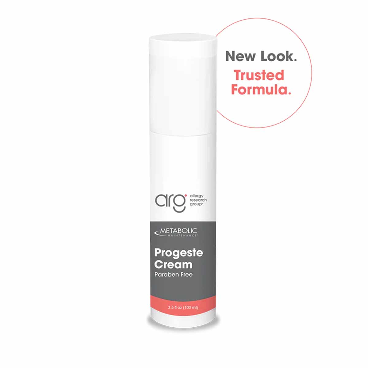 White cylindrical tube of Progeste Cream by Allergy Research Group with gray and coral label, 3.5 oz size.
