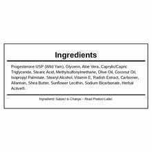 Ingredient label for Progeste Cream listing progesterone, glycerin, aloe vera, oils, butters, and herbal actives.
