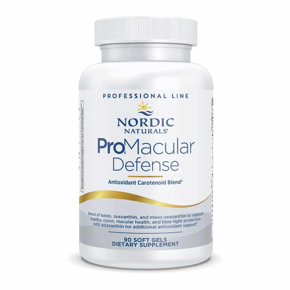 White supplement bottle labeled ProMacular Defense by Nordic Naturals Professional Line containing 90 soft gels.