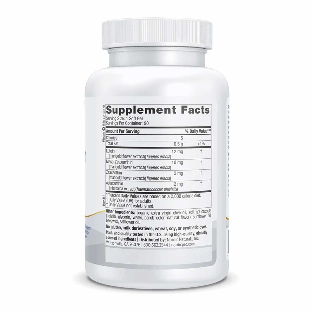 White bottle of Nordic Naturals ProMacular Defense supplement with white cap and supplement facts label visible.
