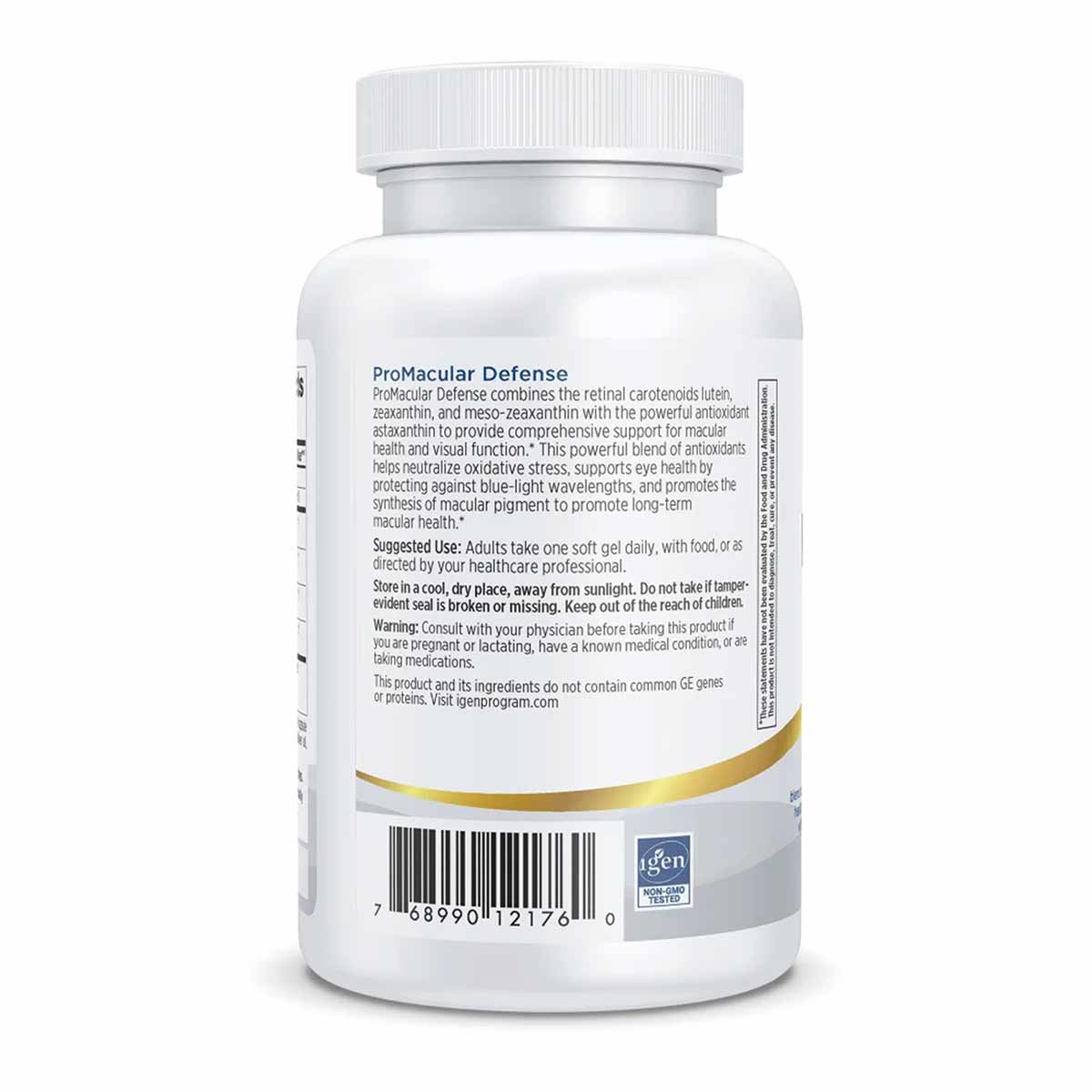 White supplement bottle with white cap labeled "ProMacular Defense" by Nordic Naturals with product information and barcode.