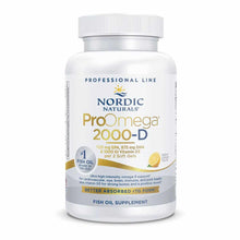 White bottle of Nordic Naturals ProOmega 2000-D fish oil supplement with white screw cap and lemon flavor label.