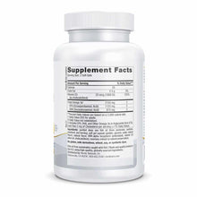 White supplement bottle with white screw cap containing soft gel capsules and nutrition label showing omega-3 and vitamin D3 