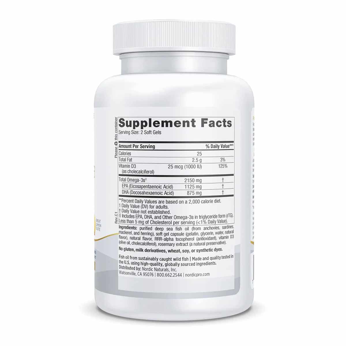 White supplement bottle with white screw cap containing soft gel capsules and nutrition label showing omega-3 and vitamin D3 