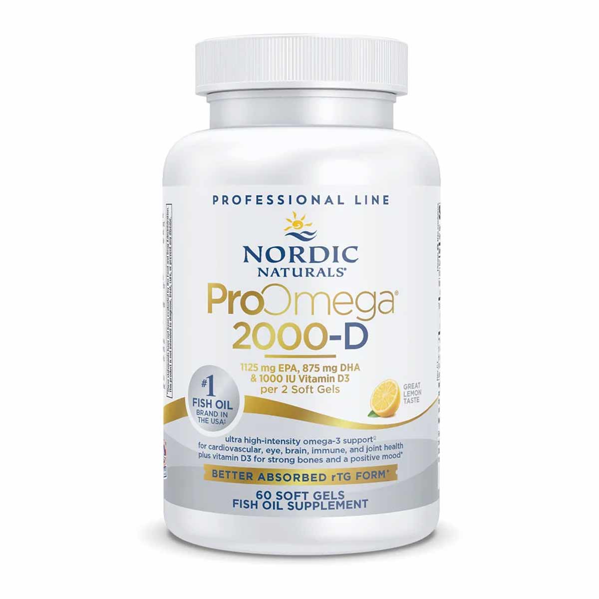 White bottle of Nordic Naturals ProOmega 2000-D fish oil supplement with white cap containing 60 soft gels.