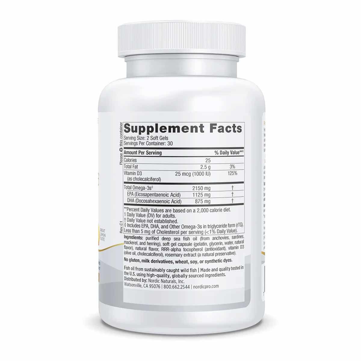White bottle of ProOmega 2000-D supplement with white cap and label showing nutrition facts and ingredient information.